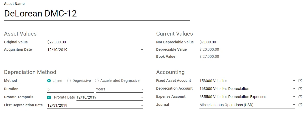 Odoo Accounting screenshot: assets entry in Odoo Accounting
