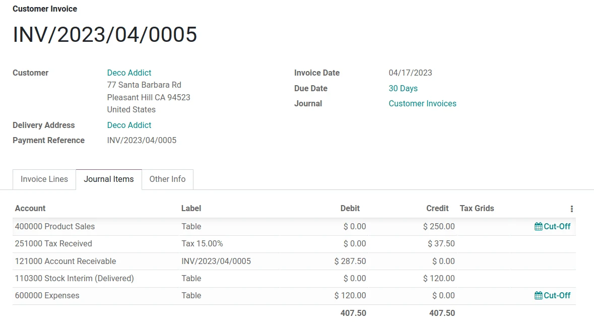Odoo Accounting screenshot: show journal items linked to sale order