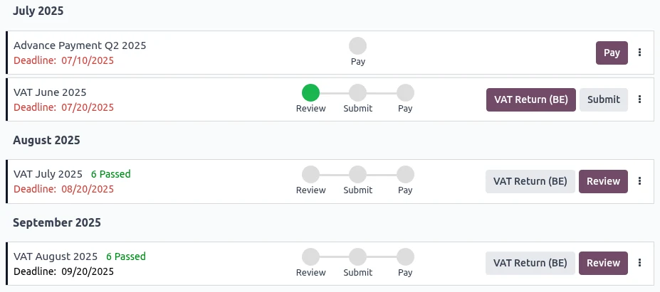 Odoo Accounting screenshot: tax return tool overview