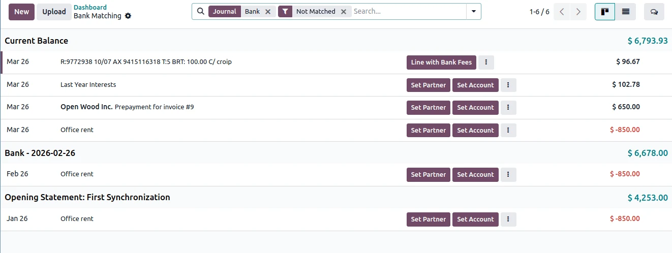 Odoo Accounting screenshot: the user interface of the bank matching view of a bank journal