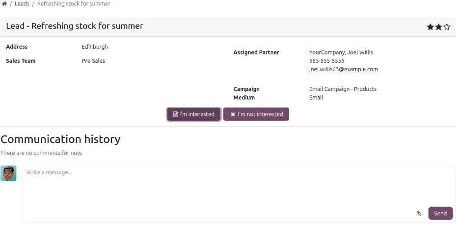 Odoo CRM screenshot: the lead page as seen in a reseller's user portal