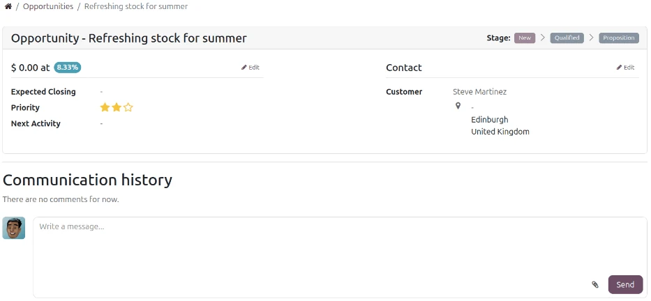 Odoo CRM screenshot: an opportunity's page as viewed within the user portal