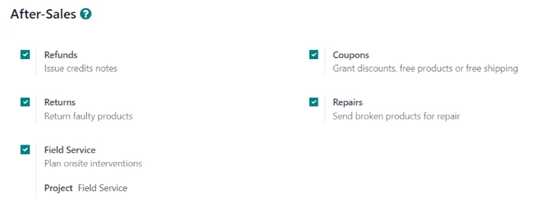 Odoo Helpdesk screenshot: the after sales options enabled on a helpdesk team