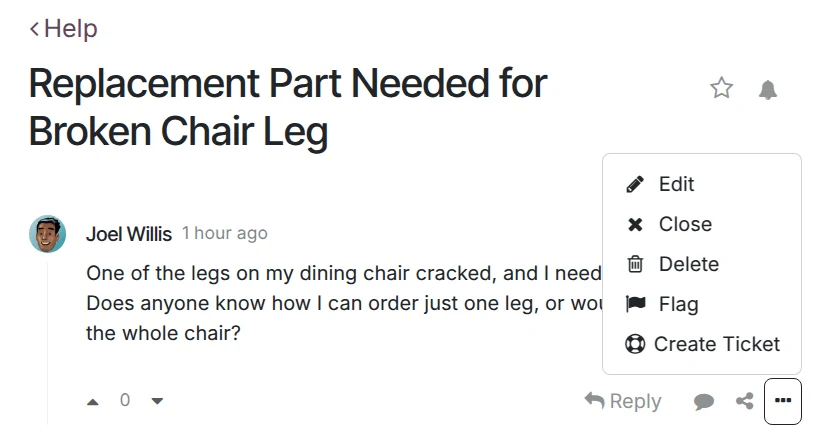 Odoo Helpdesk screenshot: a forum post with the create ticket option visible