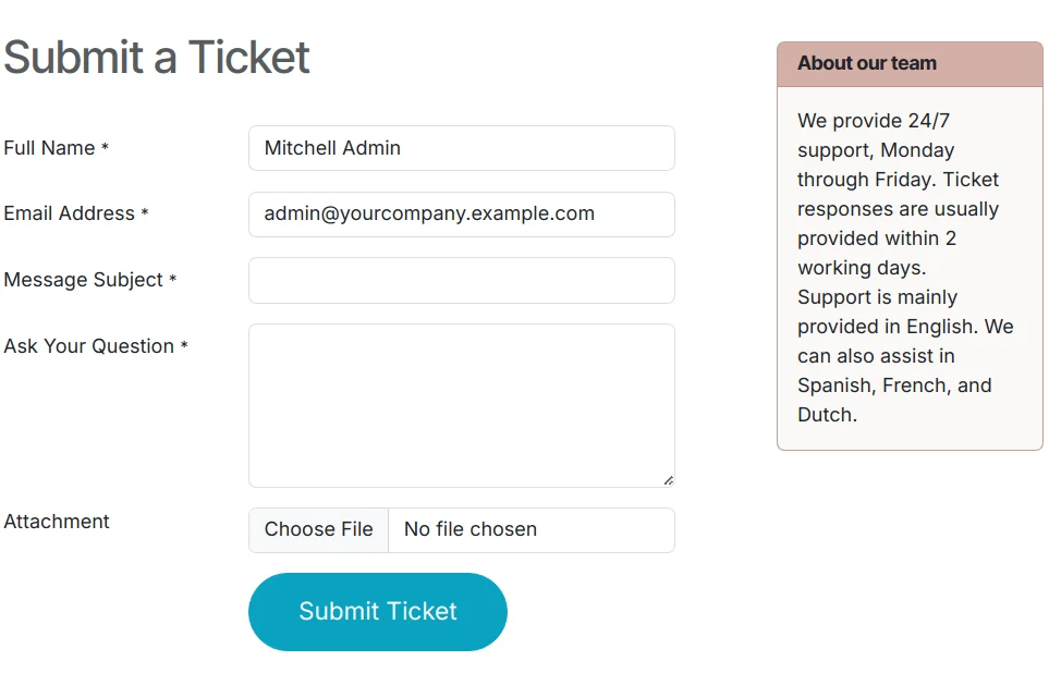 Odoo Helpdesk screenshot: view of a Helpdesk team's website form displaying the team description