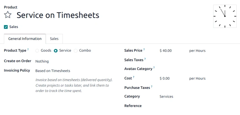 Odoo Helpdesk screenshot: view of a service product with the invoicing policy set to 'Based on timesheets'