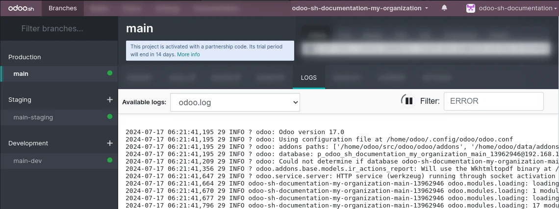 Odoo integrations screenshot: the branches log tab