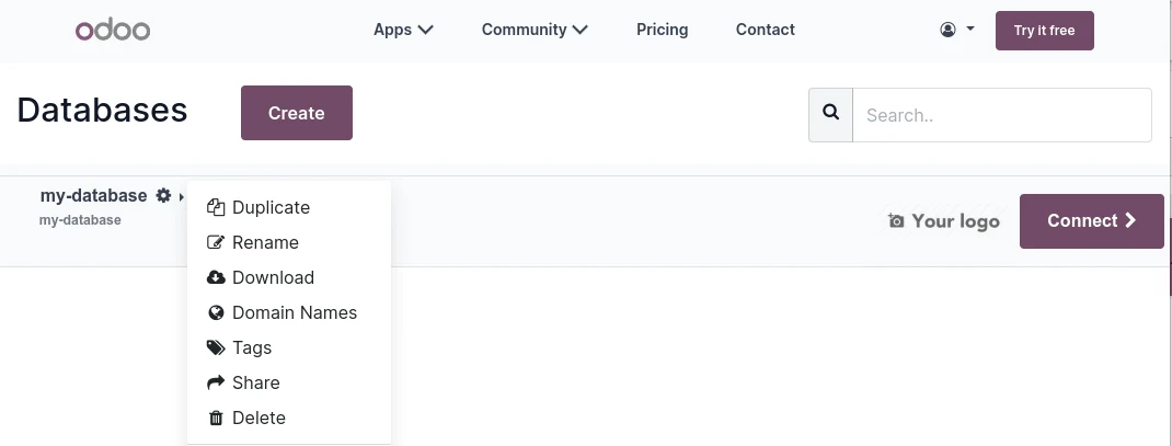 Odoo integrations screenshot: downloading an Odoo Online database backup