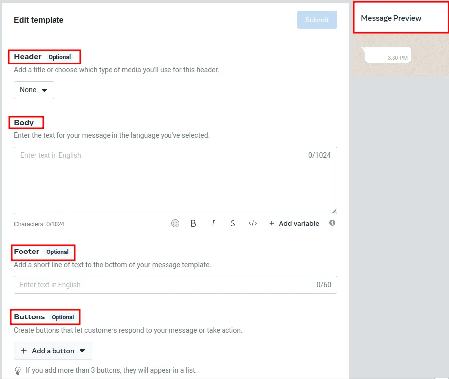 Odoo integrations screenshot: edit the template using a header, body, footer and buttons