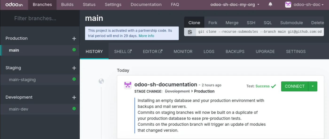 Odoo integrations screenshot: example of an Odoo.sh project