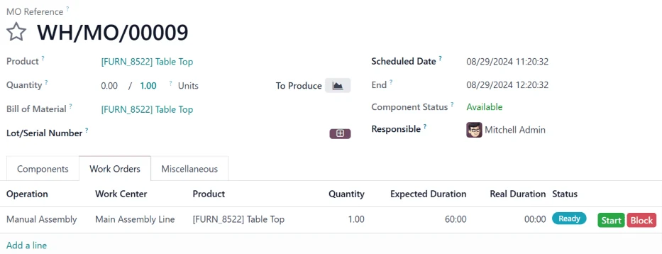 Odoo Manufacturing screenshot: before clicking "Plan", the work order is scheduled at "Main Assembly Line"