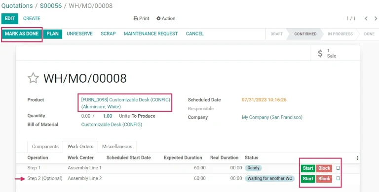 Odoo Manufacturing screenshot: manufacturing order for variant of BoM product