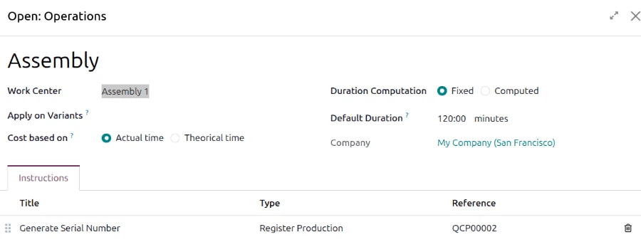 Odoo Manufacturing screenshot: register Production is an instruction type available when configuring a work order