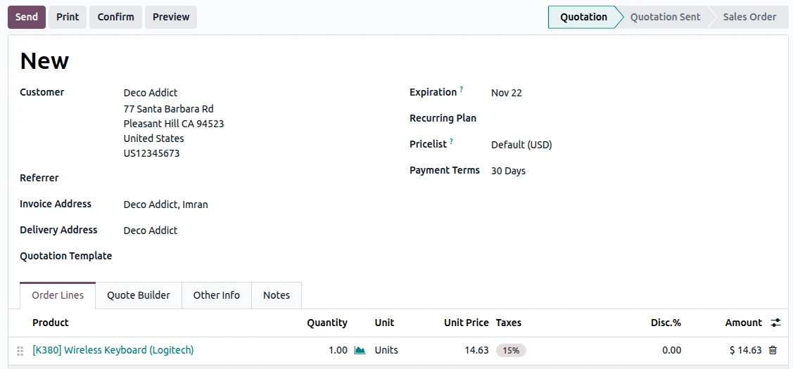 Odoo screenshot: quotation Template model's Form view