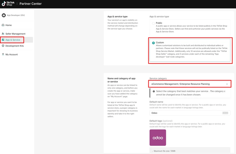 Odoo Sales screenshot: app and service type configuration settings in TikTok Shop