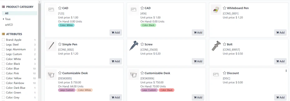 Odoo Sales screenshot: a product catalog accessible via a quotation in the Odoo Sales application