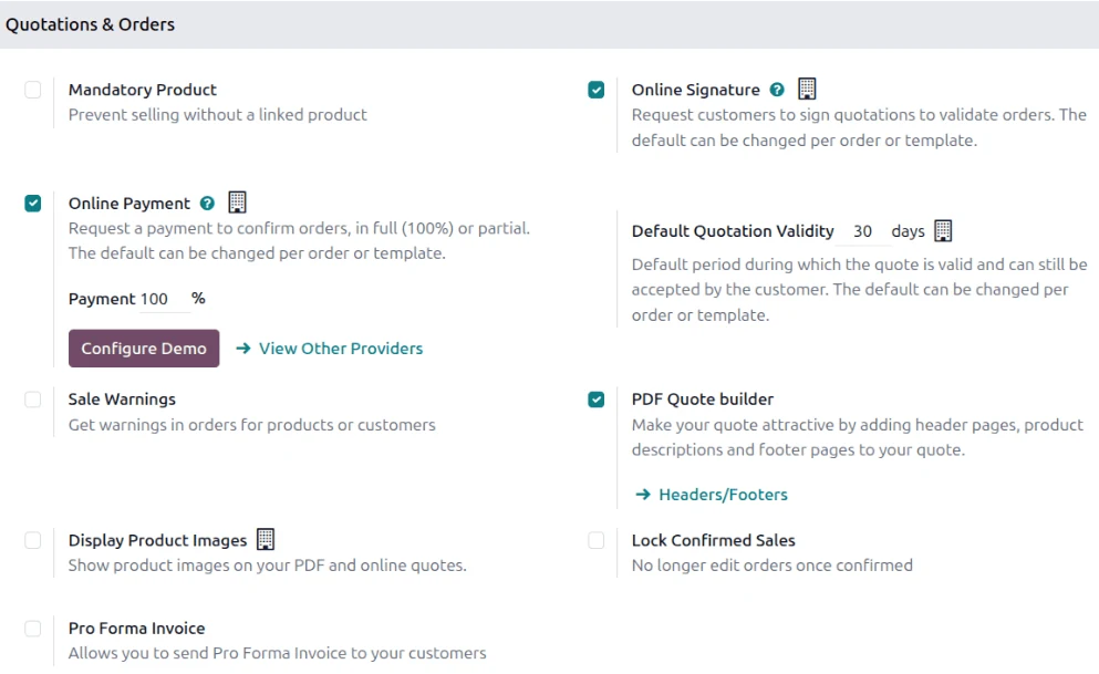 Odoo Sales screenshot: the Quotations and Orders section on the Odoo Sales app Settings page