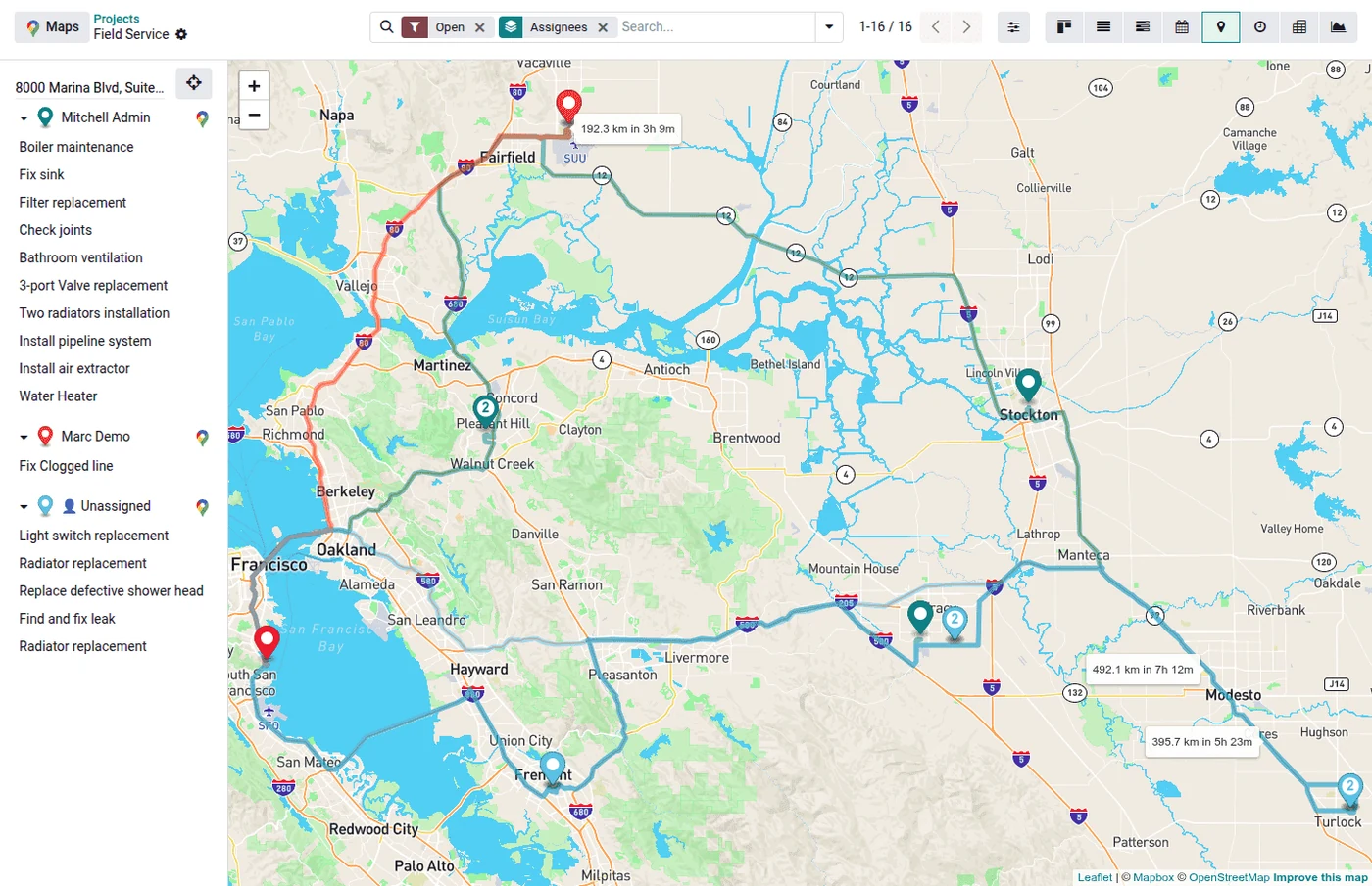 Odoo screenshot: task model's Map view