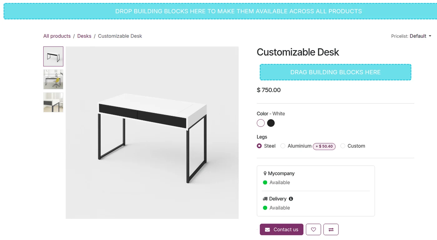 Odoo Website & eCommerce screenshot: drag and drop building blocks on the product page
