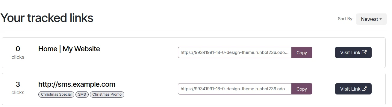 Odoo Website & eCommerce screenshot: get an overview of all the links you track