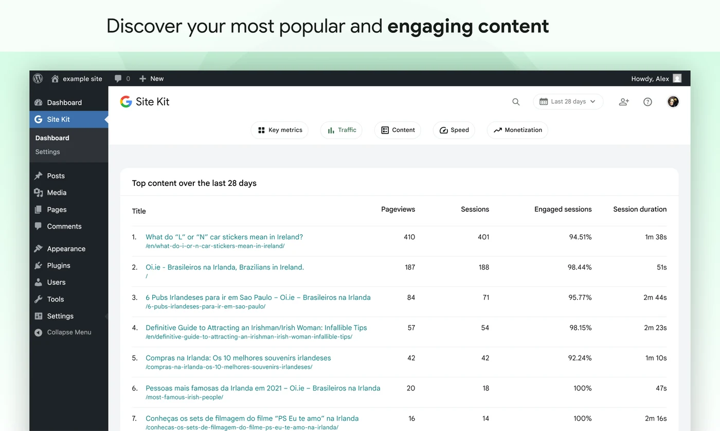 Google Site Kit Search Console screenshot: google site kit search console content